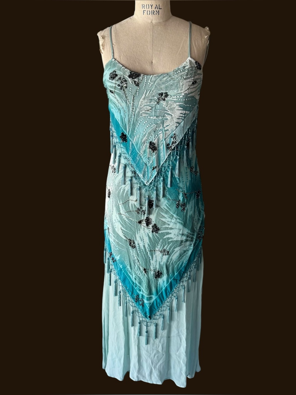 Vintage Y2K Aqua Teal Floral Silk Velvet Fringe Beaded Fairy Dress
